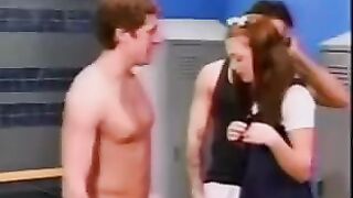 A cute schoolgirl wandered into a locker room and got fucked by two guys