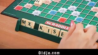 The blonde lured an old timid peasant and had sex with him on the table
