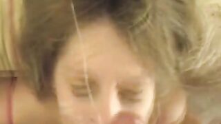 Guy cum on the girl’s face after a blowjob