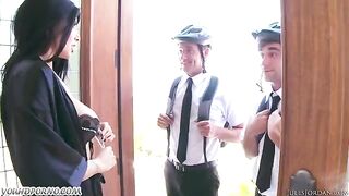 Appetizing brunette beauty with big tits fucked by two Jehovah's witnesses in stockings