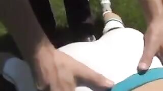 Busty brunette gets hot cum on her tits while fucking on the couch