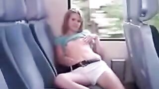 On the bus, ironing her pussy through panties