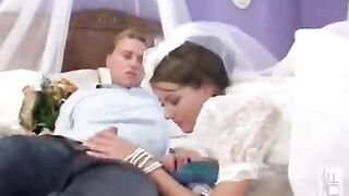 The group has sex with a bride, who is in a beautiful white dress