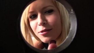 Blonde woman sucks cock through a hole in the toilet bowl