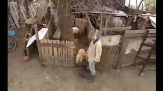 A sexy Russian girl is having fun with a guy in the village