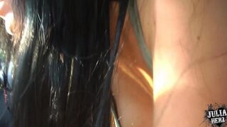 A blowjob in the car with a stunning brunette and her big tits