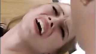 Cute and fragile blonde girl gets her pussy railed by a fisting threesome