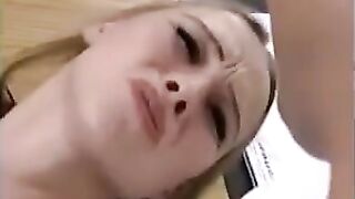 Cute and fragile blonde girl gets her pussy railed by a fisting threesome