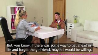 Blonde with glasses has sex at the casting on the couch for the first time