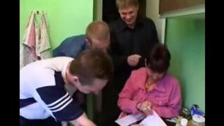 A Russian mother with natural big tits gets fucked by four guys
