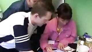 A Russian mother with natural big tits gets fucked by four guys
