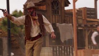 The cowboy punished a girl but did not spank her, licked her clitoris instead
