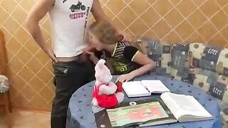 The lesson did not work out, so they fucked in the kitchen