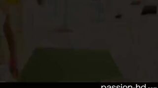 A cute brunette with natural tits has sex on the couch
