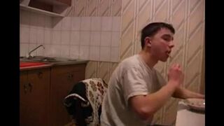 The mother has cancer, so her son fucked her in the kitchen