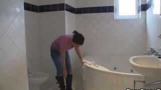 The girl is having fun in the shower and has wild sex