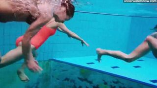 Barefoot beauties are being photographed by a hidden camera in the pool