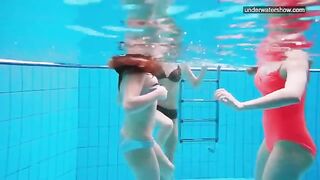 Barefoot beauties are being photographed by a hidden camera in the pool