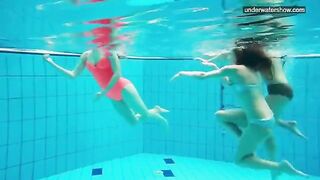 Barefoot beauties are being photographed by a hidden camera in the pool