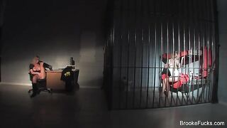 The security guard caresses herself with her gun at work