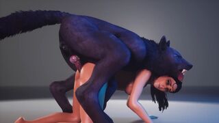 A beautiful woman mates with a werewolf in this 3D animated scene