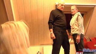 A bearded man with gray hair fucks a young blonde in this hot vid