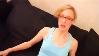 Skinny French teen with glasses gets fucked on the couch in a rough one