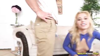Guy with a big cock fucks a blondie with cancer on the couch