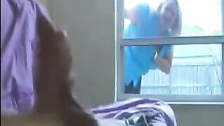 A woman peeps at a man jerking off in the ward