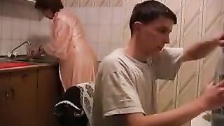 The mom is being raped in the kitchen, it's more exciting than usual family sex