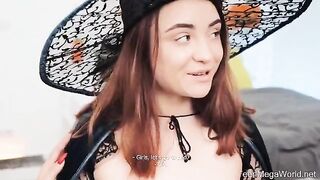 Lesbian sex with costumes and role playing on Halloween night