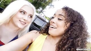 Two beautiful girls shared a guy's huge black cock in an intense interracial encounter