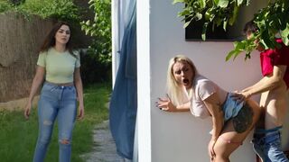 A girl is meeting someone in a shed for some fun