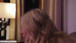 Busty blonde Kayley Gunner in stockings for foot job action