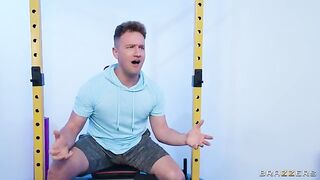 The pretty girl is fucking with a guy in the gym, she has big boobs