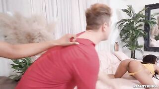 Two girls and a guy in a room while they are swapping roommates