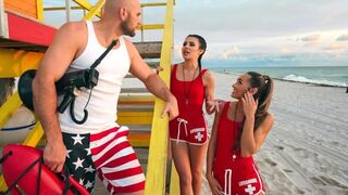Two young lifeguards are having fun with a brunette in FFM threesome