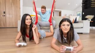 A couple has sex while the roomies are playing video games
