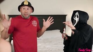 Unexpected visitors have fun with two beautiful girls in a role play
