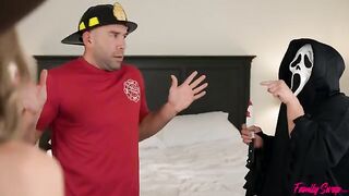 Unexpected visitors have fun with two beautiful girls in a role play