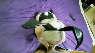 A cute girl in a bunny suit swallows a cock from the balls up