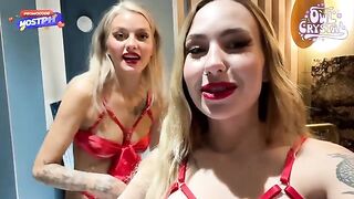 Two girls are having fun with a guy in an intense threesome