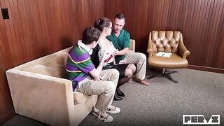 A girl solved her problems with a guy on a comfortable couch