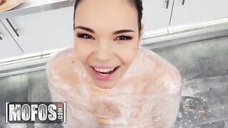 Hot brunette Sofia Lee with huge natural tits gets fucked in the kitchen