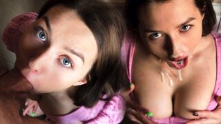 Girl with big natural tits makes a slobbering blowjob