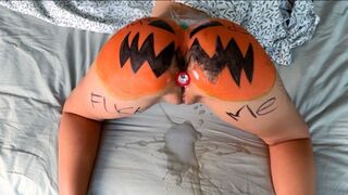 A slut is having fun with a pumpkin before getting fucked hard
