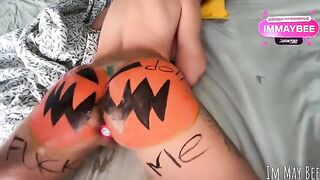 A slut is having fun with a pumpkin before getting fucked hard