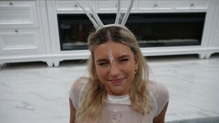 A cute girl got her face decorated with cream, a huge mess followed