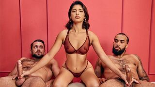 Their hands work in sync, and the guys moan in unison. FFM handjob scene