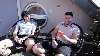 Guys, don't be shy - she'll have time to give everyone a blowjob